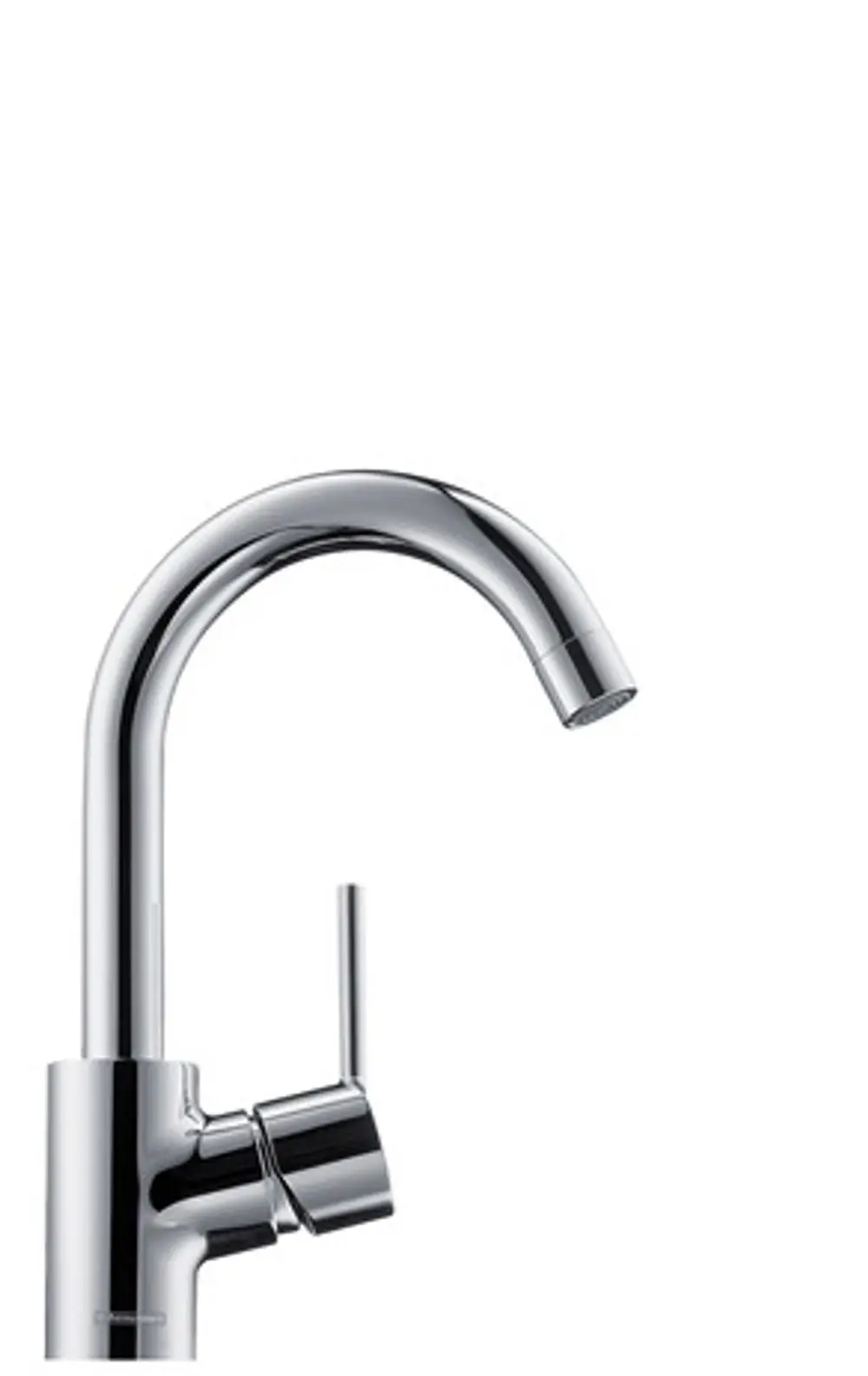 Hansgrohe Einhebel-Waschtischmischer mit einem geschwungenen Auslauf und seitlichem Hebel zur Bedienung. Oberfläche in glänzendem Chrom.